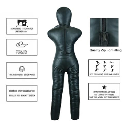 BJJ Wrestling Grappling Throwing Dummy Bag, Unfilled, PU Leather - size: 72 inches| 180cm|6 Feet