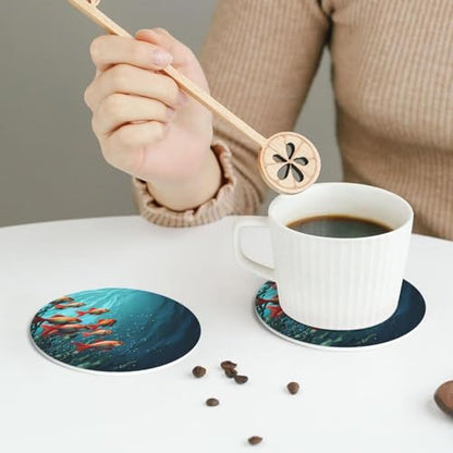 Drink Coasters Set of 4 Leather Coasters for Drinks Fish Aquarium Round Cup Mat Pad Easy Clean Bar Coasters Heat Resistant Funny Cup Coasters for Tabletop Protection,4 Inches