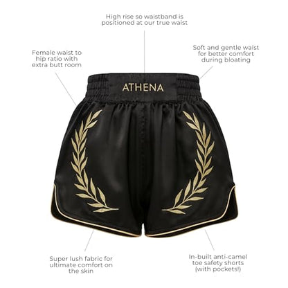 Women's Black Gold Muay Thai MMA Shorts Athena with Built-in Safety Compression Tights. Muay Thai Kickboxing Training - size: Medium