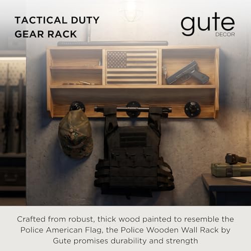 GUTE Police Wall Mounted Tactical Duty Gear Rack with Blue American Flag | First Responder Storage Shelf & Organizer for Policemen, Law Enforcement Holder | Gift Décor - style: Rack with Storage Lock