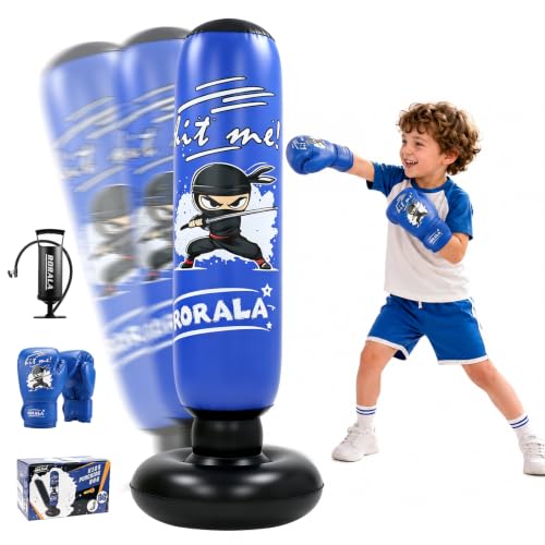 RORALA Inflatable Punching Bag for Kids with Boxing Gloves and Manual Air Pump, 66 Inch Children's Boxing Bag Set for Boys and Girls Gift Aged 3 to 12 to Practice Karate, Taekwondo