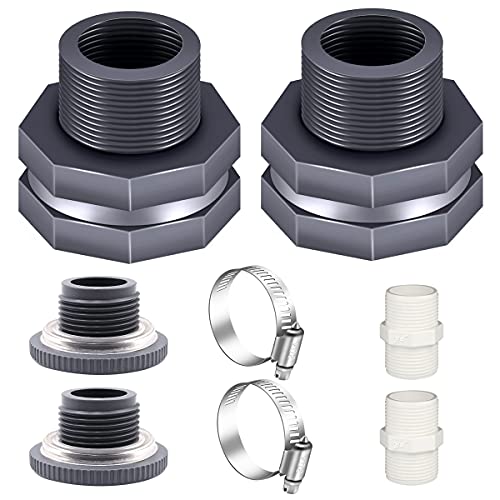 2PCS PVC Bulkhead Fitting 3/4 Inch with Plugs,water Pipe Connector,(21-38mm)Hose Clamps Kit,Water Tank Connector Adapter,Thru-Bulk Pipe Fitting for Rain Barrels,Water Tanks,Pools(Grey)H-07-2 - style: 2Pcs 3/4inch kit