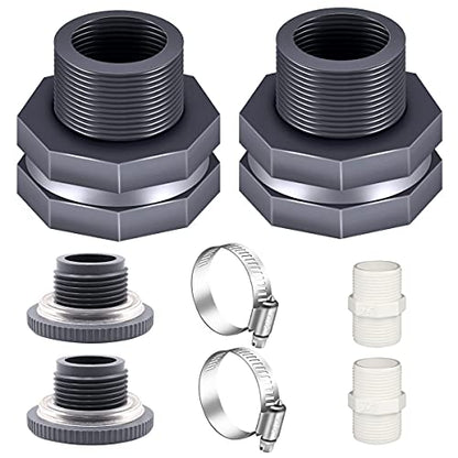2PCS PVC Bulkhead Fitting 3/4 Inch with Plugs,water Pipe Connector,(21-38mm)Hose Clamps Kit,Water Tank Connector Adapter,Thru-Bulk Pipe Fitting for Rain Barrels,Water Tanks,Pools(Grey)H-07-2 - style: 2Pcs 3/4inch kit