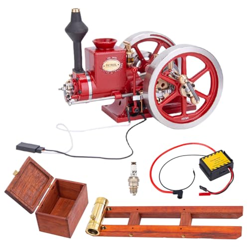 Retrol HM-01 Assembled Hit and Miss Engine Model Complete Set, 4-Stroke Horizontal Internal Combustion Engine with Base, Fuel Tank, CDI Igniter and Spark Plug, Red - color: Assembled Set/Red