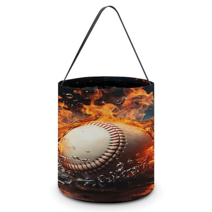 Halloween Trick Or Treat Bags With Handles Collapsible Candy Bucket Reusable Fire Water Baseball Ball Printed Goody Bucket For Holiday Party Gifts - color: Fire Water Baseball Ball