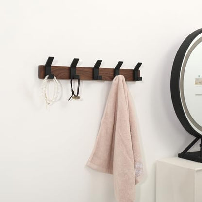 Coat Rack Wall Mount - 16.9 Inches Coat Rack Wall Mount with 5 Hooks Walnut Wood Coat Hooks Wall Mounted Rustproof Coat Hanger Black Aluminum Wall Hooks for Hanging Coat Hat Backpack Key - size: 5 Hooks