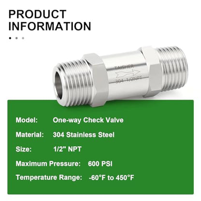 1PCS 304 Stainless Steel 1/2" NPT Male Check Valve,Backflow Prevention,One Way Non-Return Check Valves