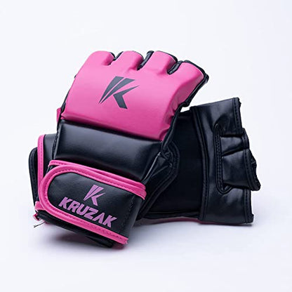 Kruzak MMA Gloves, Half-Finger Boxing Mitts with Hand Wraps - color: Pink, size: Small-Medium