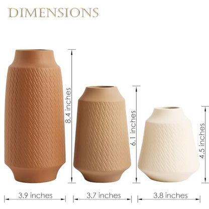 Ceramic Vase Set of 3 - Handcrafted Ceramic Vases for Home Decor & Shelf - Modern Farmhouse Decor for Kitchen, Office, Bedroom & Living Room Decorative Objects for Mantel, Table Centerpieces