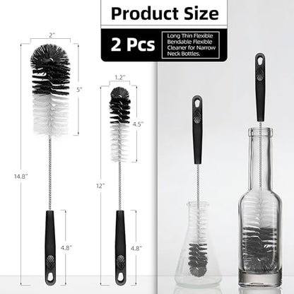 2 Pcs Bottle Brushes Set, Long Thin Flexible Bendable Flexible Cleaner for Narrow Neck Bottles, Water/Wine/Beer/Baby Bottles, Pipes, Tubes, Hoses, Teapots - Bendable & Dishwasher Safe