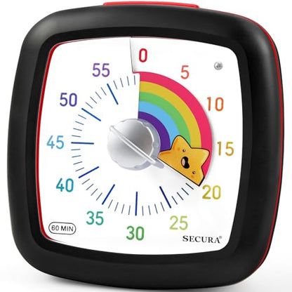 Secura 60-Minute Visual Timer, Silent Study Timer for Kids and Adults - color: Black & Star