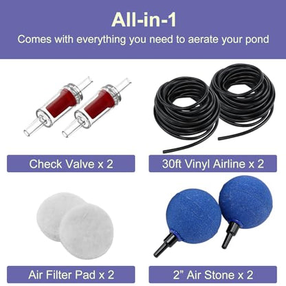AquaMiracle Koi Pond Aerator for Pond up to 1000 & 2000 Gallons, All-in-One Pond Air Pump Aeration Kit with Air Stones Airline Tubing Check Valves - style: ≤ 1,000 Gallon Pond