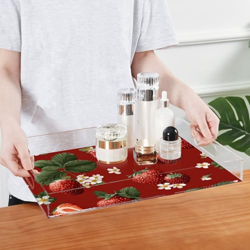 Acrylic Tray Clear Serving Vanity Ottoman Bathroom Coffee Table Countertop Organizer Raised Edge Spill Proof Red Strawberries and White Flowers - color: Red Strawberries and White Flowers