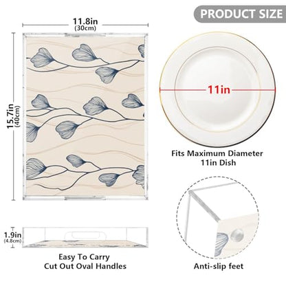 Acrylic Tray Clear Serving Vanity Ottoman Bathroom Coffee Table Countertop Organizer Raised Edge Spill Proof Beige Blue Minimalist Flower - color: Beige Blue Minimalist Flower