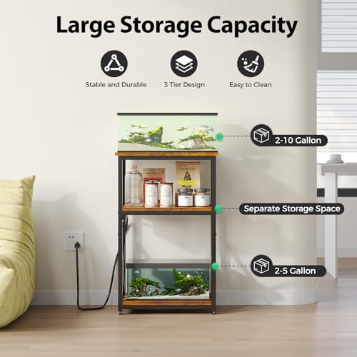 10 Gallon Fish Tank Stand with Power Outlet, 3 Tier Aquarium Stand with Shelf, Turtle/Reptile Tank Stand for Home Office,Adjustable Boards, 20.47''L×11.42''W×30.91''H, Retro Brown
