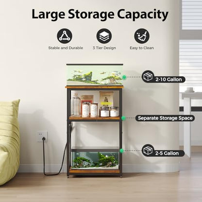10 Gallon Fish Tank Stand with Power Outlet, 3 Tier Aquarium Stand with Shelf, Turtle/Reptile Tank Stand for Home Office,Adjustable Boards, 20.47''L×11.42''W×30.91''H, Retro Brown