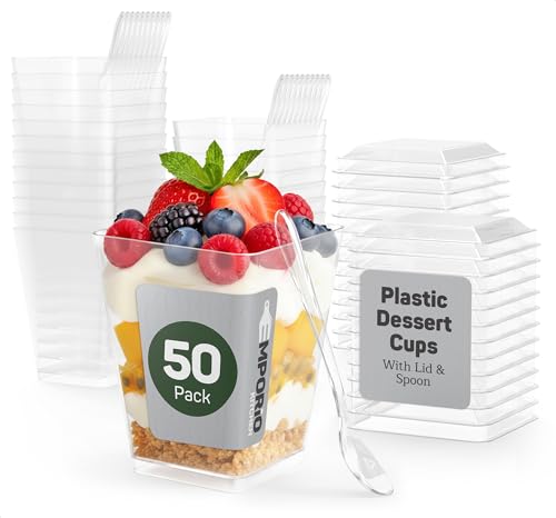 Plastic Dessert Cups with Lids and Spoons (50 Pack) – Single-Serve Parfait & Appetizer Cups, Spill-Resistant, Heavy-Duty Design, Ready-to-Use for Parties, Catering & Special Events BPA-Free - size: 50 Pack