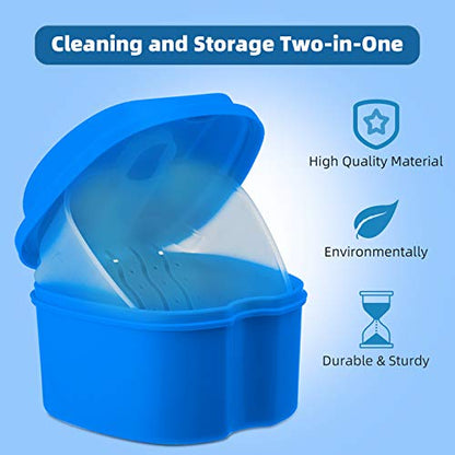 Denture Cup Dental Retainer Case Cleaning with Strainer Basket, Orthodontic Bath Box Mouthguard Storage Soaking Holder - Dark Blue - color: Dark Blue