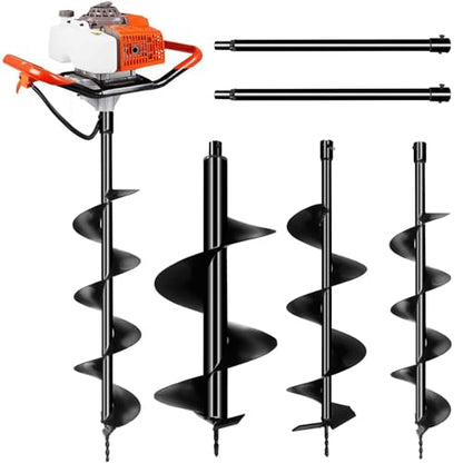 72cc Post Hole Digger, Gas Powered Post Hole Digger, Earth Auger Digger with 3 Drill Bit 4" & 8" & 12" and 2 Extension Rods 24" 24" for Planting Fence Farmland Garden & Plant, 2200W - size: 72cc