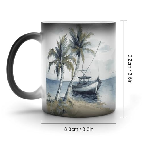 Palm Trees Fishing Boat Color Changing Mug Heat Changing Mug Ceramic Mug Heat Reactive Black Mug Tea Cup Message Appears As It Heats Birthday Holiday Gift for Family Friend