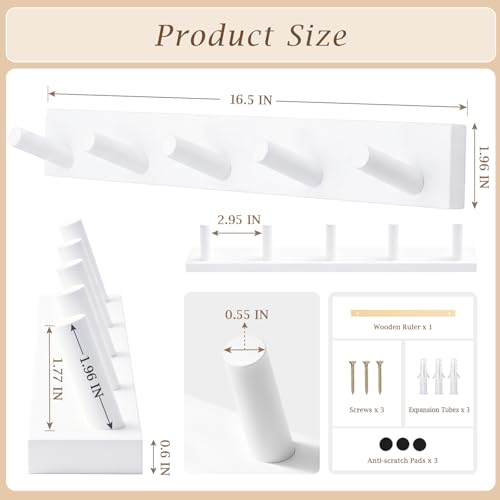 Coat Rack Wall Mount, Wooden Coat Hanger, White, 1 Pcs - color: White