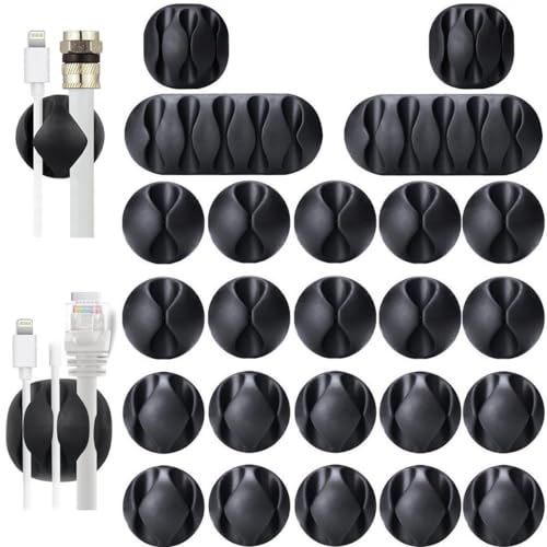 Desk Cable Management Cord Organizer, 24 Pack Black Self Adhesive Cord Holder Cable Clips, Ideal Cable Organizer Wire Keeper for Desk, Nightstand, Phone Charger, Computer, Home, Office, Car - color: Black, size: ‎24-Pack