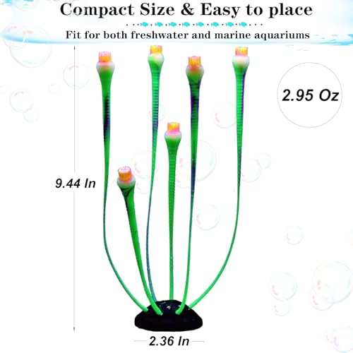 Aquarium Coral Plant Ornaments with Glowing Effect, Silicone UV Reactive Fish Tank Decorations, Soft Artificial Aquarium Plants Safe for Freshwater & Saltwater Fish Tank (Green)
