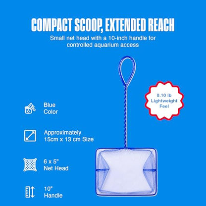 Penn-Plax Quick-Net Aquarium Fish Net - Fine Mesh, Vinyl-Covered Braided Handle - Small Aquarium Cleaning Tool for Gentle Fish Handling - Use in Freshwater & Saltwater Tanks - color: Blue, size: 6" Net - 10" Handle