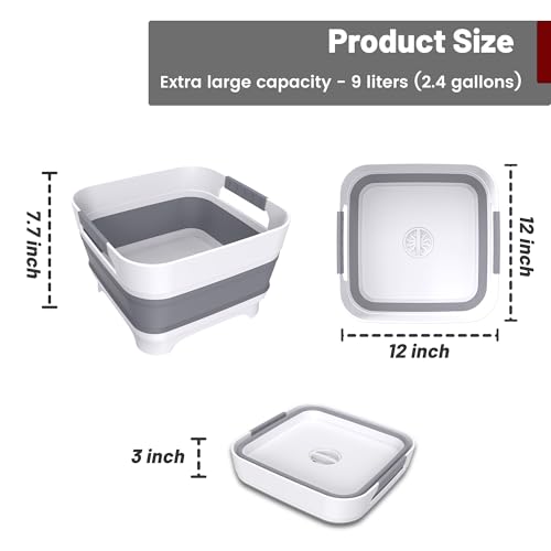 Collapsible Dish Basin with Drain Plug, 9L(2.4Gal) Capacity, Space Saving Portable Sink for Baby bottle, Kitchen, Camping& RV, Gray