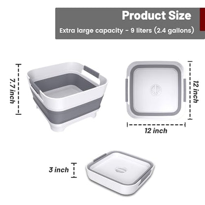 Collapsible Dish Basin with Drain Plug, 9L(2.4Gal) Capacity, Space Saving Portable Sink for Baby bottle, Kitchen, Camping& RV, Gray