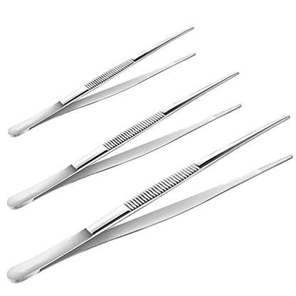3pcs 8 10 12 Inch Stainless Steel Tweezers Tongs Kit, Extra Long Straight Tweezer, Serrated Tip Multi-Purpose Tweezers for Cooking, Crafts, Repairing, Medical, Water Plants, DIY