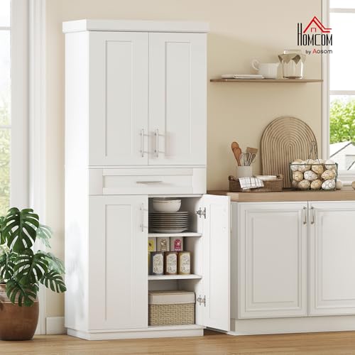 HOMCOM 72" Kitchen Pantry Cabinet, Freestanding Tall Storage Cabinet with 4 Doors, Drawer and 3 Adjustable Shelves for Dining Room, White - color: White
