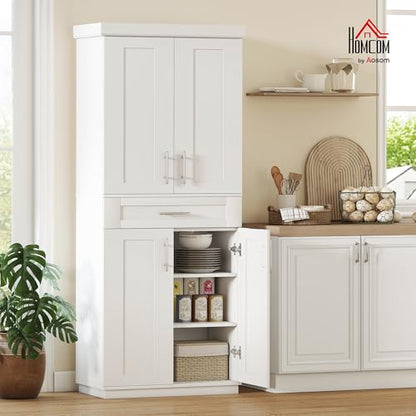HOMCOM 72" Kitchen Pantry Cabinet, Freestanding Tall Storage Cabinet with 4 Doors, Drawer and 3 Adjustable Shelves for Dining Room, White - color: White