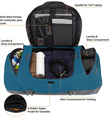 Ubon Convertible Duffel Backpack Weekender Gym Bag with Shoe Compartment - color: Dark Teal, size: 80L
