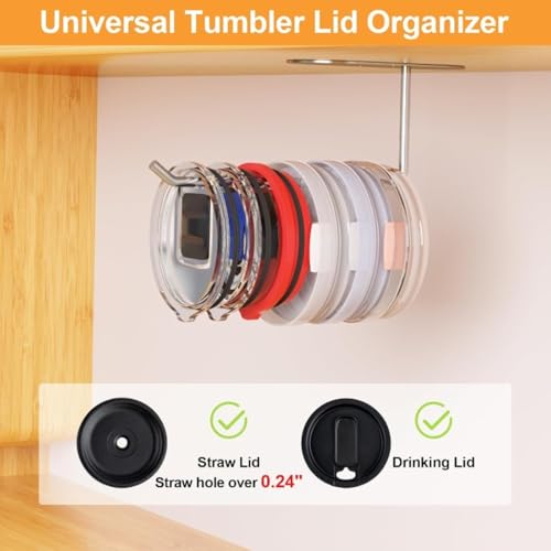 Tumbler Lid Organizer 1Pack, Paper Towel Holder Space Saving Cup Lid Organizer, Self-Adhesive or Drilling Tumbler Lid Hook for Kitchen Organizers and Storage (Silvery)