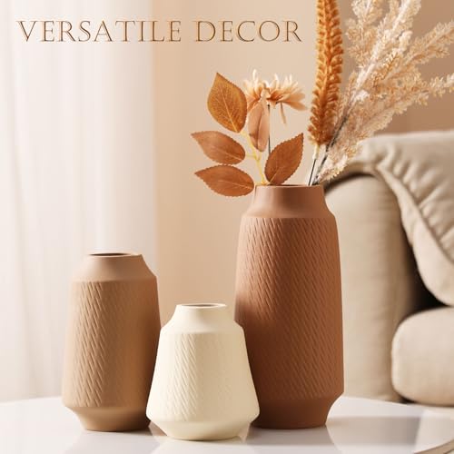 Ceramic Vase Set of 3 - Handcrafted Ceramic Vases for Home Decor & Shelf - Modern Farmhouse Decor for Kitchen, Office, Bedroom & Living Room Decorative Objects for Mantel, Table Centerpieces