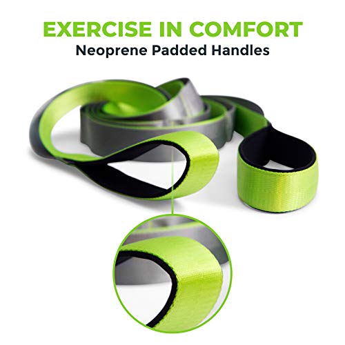 Stretching Strap for Physical Therapy, 12 Multi-Loop Stretch Strap 1.5" W x 8' L, Neoprene Handles, Physical Therapy Equipment, Yoga Straps for Stretching, Leg Stretcher. - color: Green/Grey