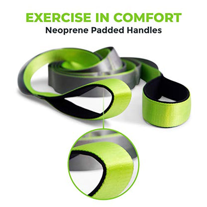Stretching Strap for Physical Therapy, 12 Multi-Loop Stretch Strap 1.5" W x 8' L, Neoprene Handles, Physical Therapy Equipment, Yoga Straps for Stretching, Leg Stretcher. - color: Green/Grey