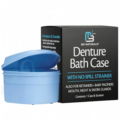 Denture Bath Case for Retainers, Phthalate-Free, No-Spill Strainer by M3 | 1 Case & Strainer for Invisalign Retainers, Baby Pacifiers, Mouth, Night & Snore Guards, Portable Soaking & Easy Rinsing - size: 1 Count (Pack of 1)