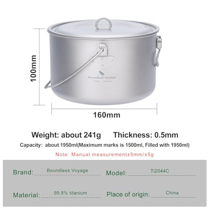 Boundless Voyage Titanium Hanging Pot for Outdoor Camping Backpacking Hiking Ultralight Portable Cooking Pot Camp Kitchen Cookware 1300ML/1950ML/2900ML - color: 1950ml (65 fl oz)