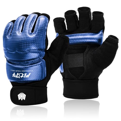 FitsT4 Sports Half Mitts MMA UFC Boxing Training Gloves for Women Men Kids | Heavy Bag,Speed Bag,Punching,Muay Thai,Kickboxing,Sparring,Wrist Wupport,Wear-resistant,PU leather,Padding,Open Palm - color: Blue, size: X-Small