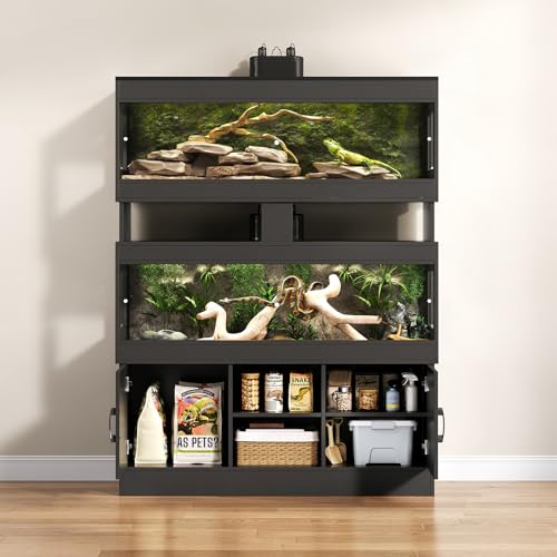 Dual 60 Gallon Reptile Tank with Stand,Reptile Enclosure,Bearded Dragon Tank,Reptile Terrarium with Cabinet,Sliding Doors,Power Outlet for Snakes,Lizards,Crested Geckos Black CAGE003B