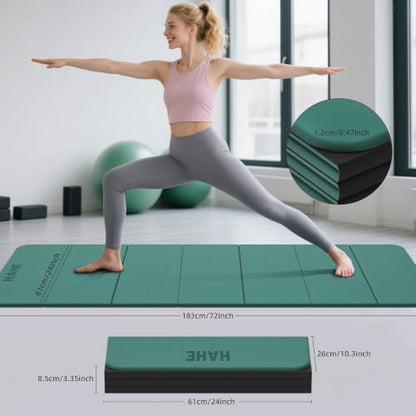 HAHE 7-Fold Design Extra Thick Yoga Mat 72"L x 24"W x 0.47", TPE | Fitness Exercise Mats, Non-Slip Foldable Yoga Mat, High Density, Portable for Men & Women, Yoga, Pilates, Home Gym - color: Dark Green & Black