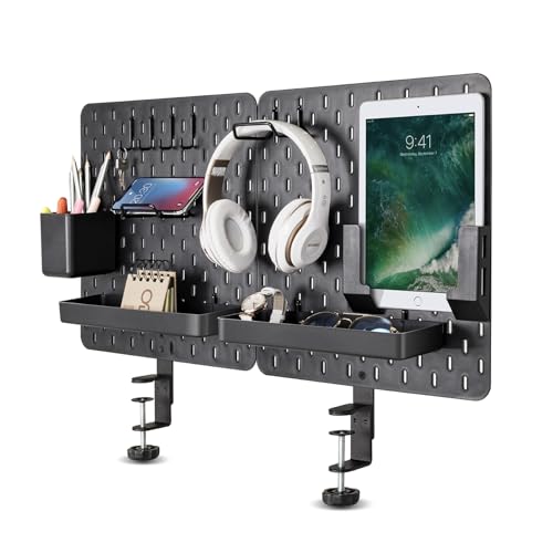 EHO Clamp-On Desk Pegboard, 2Pack (Combined Size 27 x 14 inch) Privacy Divider, Desk Partition Panel, No-Drill Desk Mounted Peg Board Organizer for Office, Gaming, Home, Black