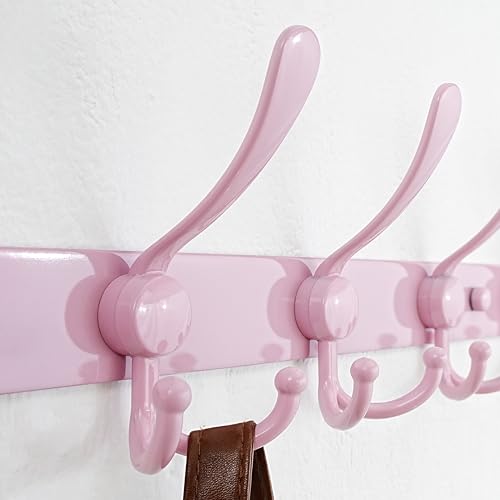 Dseap Coat Rack Wall Mount - 38” Long 10-Tri-Hooks Heavy Duty Coat Hanger Rail Wall Hooks for Hanging Coats Hats Clothing Clothes Purse Mudroom Entryway, Pink - color: Pink, size: L=38” (1 Pcs)