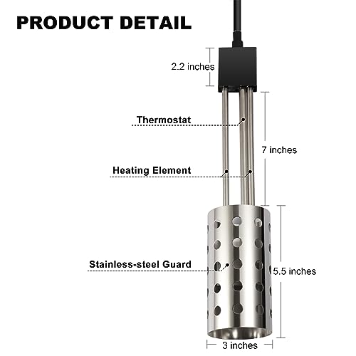 1000W Electric Immersion Heater, Bucket Water Heater with 304 Stainless-Steel Guard, Submersible Bucket Heater with Thermostat and Auto Shutoff, Heats 5 Gallons Water in Minutes