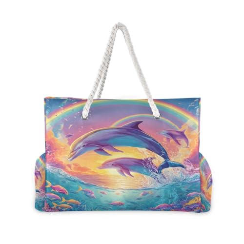 senya Large Beach Bags Totes Canvas Tote Shoulder Bag Soft Wave Water Resistant Bags for Gym Travel Daily Ocean - color: Dolphin Ocean Rainbow