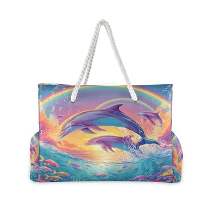 senya Large Beach Bags Totes Canvas Tote Shoulder Bag Soft Wave Water Resistant Bags for Gym Travel Daily Ocean - color: Dolphin Ocean Rainbow