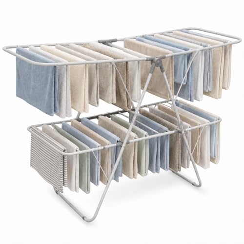 Brookstone 2 Tier Folding Rack - Indoor/Outdoor Collapsible Clothes Dryer Stand Laundry or Shoe Rack, Heavy Duty Freestanding Garment Hanger, Foldable, Clothing Drying Rack, White - color: White