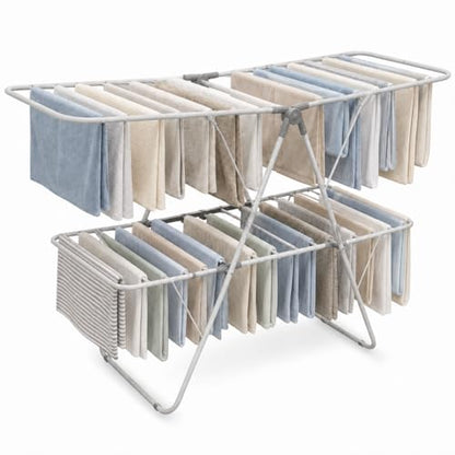 Brookstone 2 Tier Folding Rack - Indoor/Outdoor Collapsible Clothes Dryer Stand Laundry or Shoe Rack, Heavy Duty Freestanding Garment Hanger, Foldable, Clothing Drying Rack, White - color: White